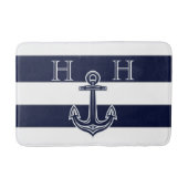 Nautical Navy Blue Anchor Coastal Monogram Naam Badmat (Voorkant)