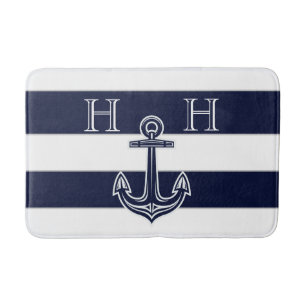 Nautical Navy Blue Anchor Coastal Monogram Naam Badmat