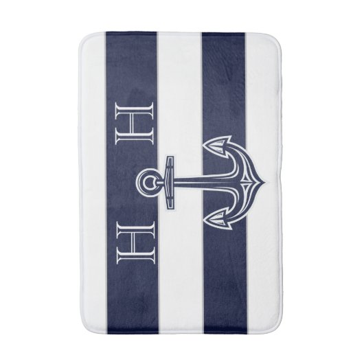 Nautical Navy Blue Anchor Coastal Monogram Naam Badmat (Voorkant Verticaal)