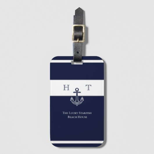 Nautical Navy Blue Anchor Coastal Monogram Naam Bagagelabel (Voorkant (verticaal))