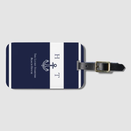 Nautical Navy Blue Anchor Coastal Monogram Naam Bagagelabel (Voorkant (horizontaal))