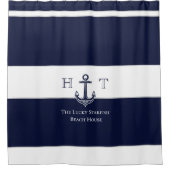 Nautical Navy Blue Anchor Coastal Monogram Naam Douchegordijn (Voorkant)
