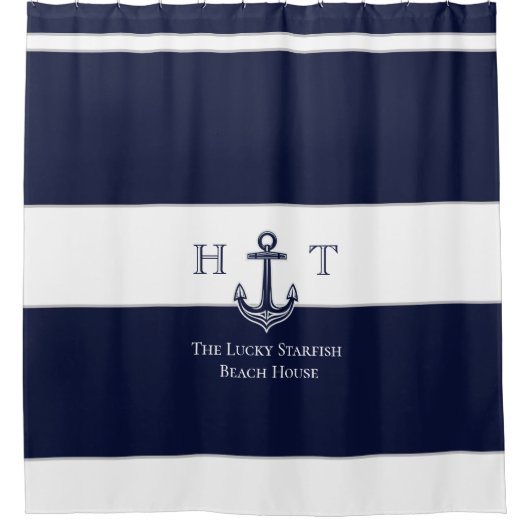 Nautical Navy Blue Anchor Coastal Monogram Naam Douchegordijn (Voorkant)