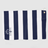 Nautical Navy Blue Anchor Coastal Monogram Naam Golfhanddoek (Horizontaal)