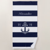 Nautical Navy Blue Anchor Coastal Monogram Naam Strandlaken (Voorkant)