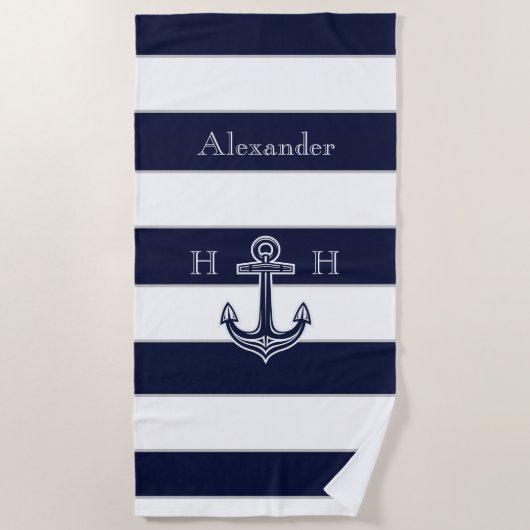 Nautical Navy Blue Anchor Coastal Monogram Naam Strandlaken (Voorkant)