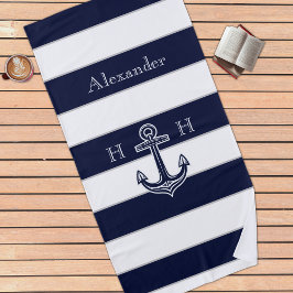 Nautical Navy Blue Anchor Coastal Monogram Naam Strandlaken
