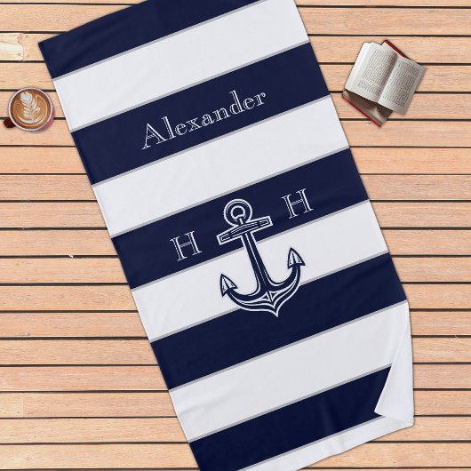 Nautical Navy Blue Anchor Coastal Monogram Naam Strandlaken