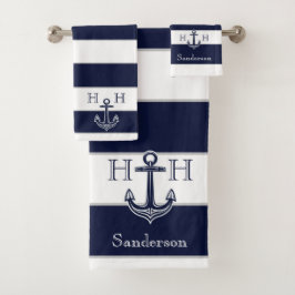 Nautical Navy Blue Anchor Coastal Monogram Name B Bad Handdoek