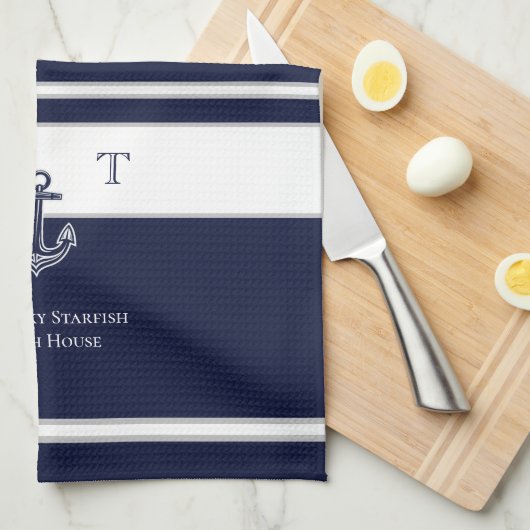 Nautical Navy Blue Anchor Coastal Monogram Name B Theedoek (Quarter Fold)