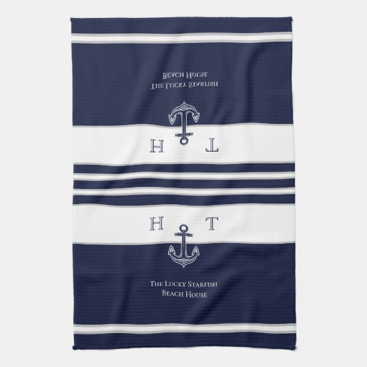 Nautical Navy Blue Anchor Coastal Monogram Name B Theedoek (Verticaal)
