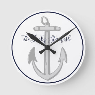 Nautical Navy Blue Anchor Coastal Monogram Rond C Ronde Klok