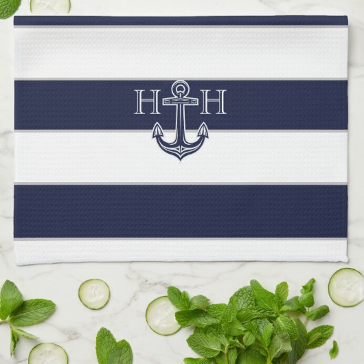 Nautical Navy Blue Anchor Coastal Monogram Theedoek (Gevouwen)