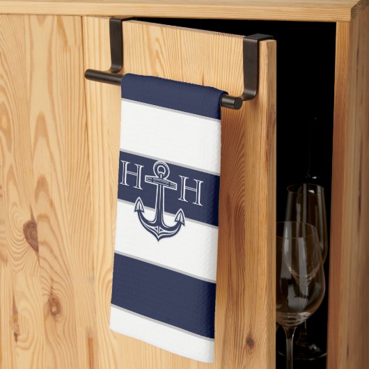 Nautical Navy Blue Anchor Coastal Monogram Theedoek (Derde Gevouwen)