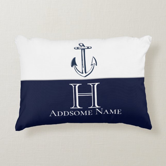 Nautical Navy Blue Anchor Coastal Monogramed Accent Kussen (Voorkant)