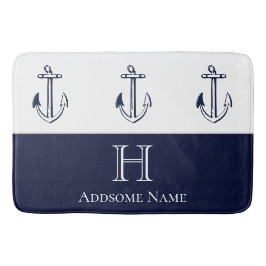 Nautical Navy Blue Anchor Coastal Monogramed Badmat (Voorkant)