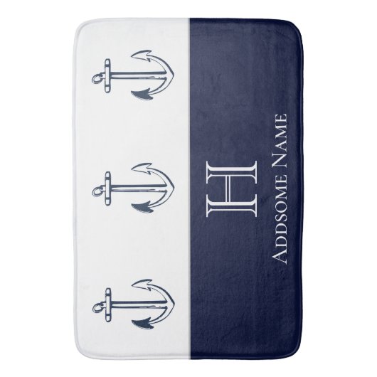 Nautical Navy Blue Anchor Coastal Monogramed Badmat (Voorkant Verticaal)