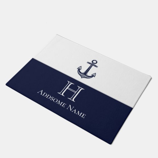 Nautical Navy Blue Anchor Coastal Monogramed Deurmat (Schuin)
