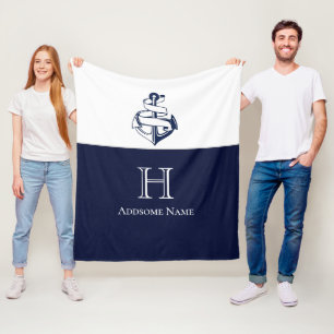 Nautical Navy Blue Anchor Coastal Monogramed Fleece Deken