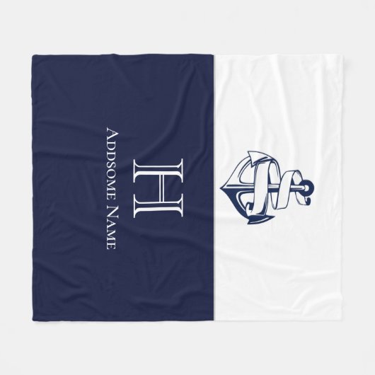 Nautical Navy Blue Anchor Coastal Monogramed Fleece Deken (Voorkant (Horizontaal))
