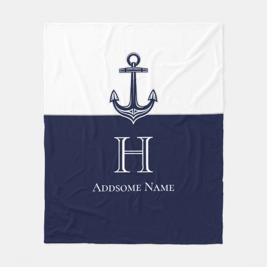 Nautical Navy Blue Anchor Coastal Monogramed Fleece Deken (Voorkant)