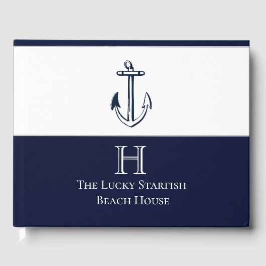 Nautical Navy Blue Anchor Coastal Monogramed Gastenboek (Voorkant)