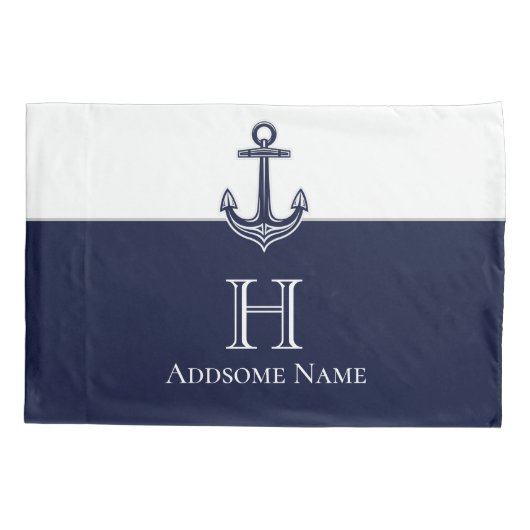 Nautical Navy Blue Anchor Coastal Monogramed Kussensloop (Achterkant)