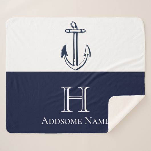Nautical Navy Blue Anchor Coastal Monogramed Sherpa Deken (Voorkant (horizontaal))