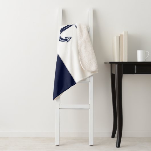 Nautical Navy Blue Anchor Coastal Monogramed Sherpa Deken (In situ)