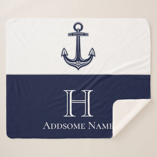 Nautical Navy Blue Anchor Coastal Monogramed Sherpa Deken (Voorkant (horizontaal))