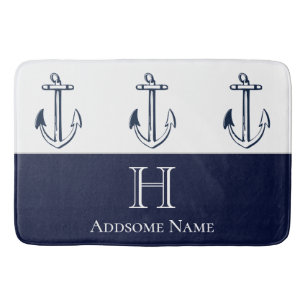 Nautical Navy Blue Anchor Coastal Monogrammed Bath Badmat