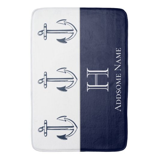 Nautical Navy Blue Anchor Coastal Monogrammed Bath Badmat (Voorkant Verticaal)