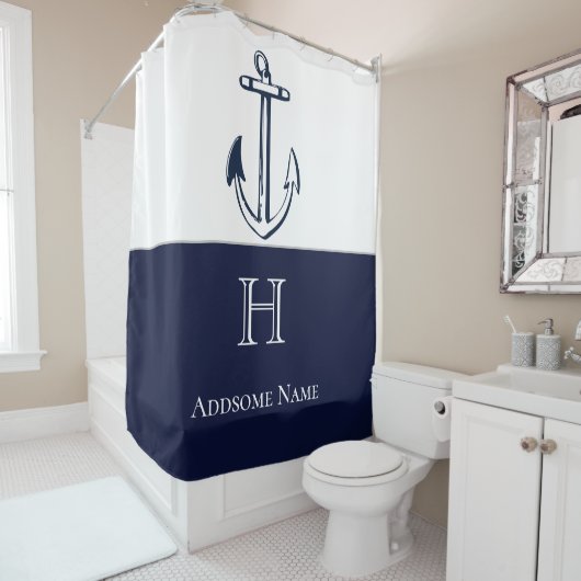 Nautical Navy Blue Anchor Coastal Monogrammed Show Douchegordijn (In situ)