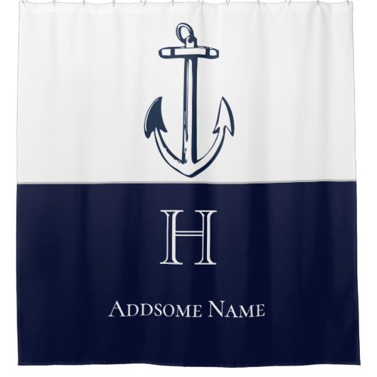 Nautical Navy Blue Anchor Coastal Monogrammed Show Douchegordijn (Voorkant)