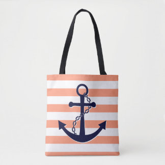 Nautical Navy Blue Anchor Coral Peach Stripe Beach Tote Bag