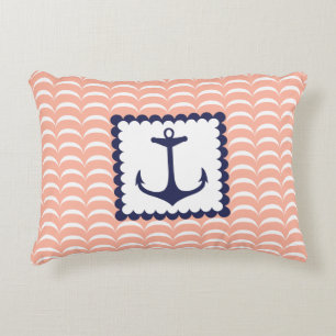 Nautical Navy Blue Anchor Coral Pink Waves Decoratief Kussen