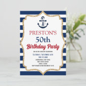 Nautical Navy Blue Anchor Custom Birthday Party Kaart (Staand voorkant)