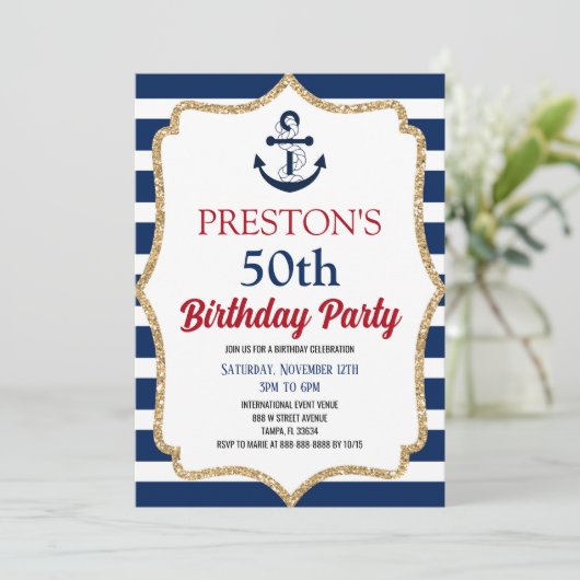 Nautical Navy Blue Anchor Custom Birthday Party Kaart (Staand voorkant)