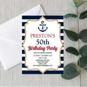 Nautical Navy Blue Anchor Custom Birthday Party Kaart