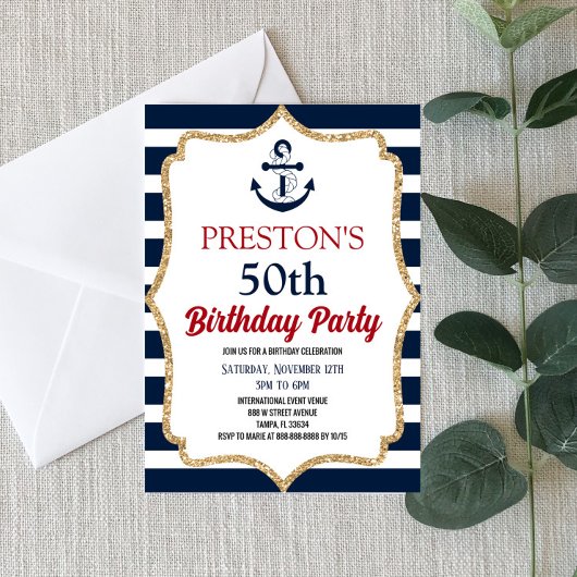 Nautical Navy Blue Anchor Custom Birthday Party Kaart