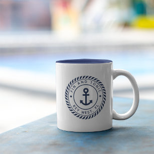 Nautical Navy Blue Anchor Custom Boat Name Tweekleurige Koffiemok