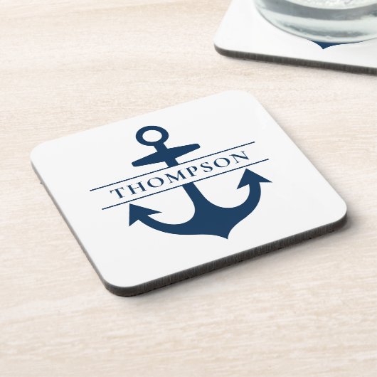 Nautical Navy Blue Anchor Custom Monogram Name Bier Onderzetter (Linkerzijde)