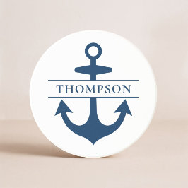 Nautical Navy Blue Anchor Custom Monogram Name Zandsteen Onderzetter