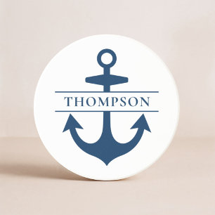 Nautical Navy Blue Anchor Custom Monogram Name Zandsteen Onderzetter