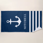 Nautical Navy Blue Anchor Custom Name Beach Strandlaken (Voorkant)