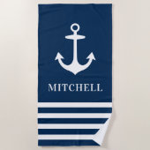 Nautical Navy Blue Anchor Custom Name Beach Strandlaken (Voorkant)