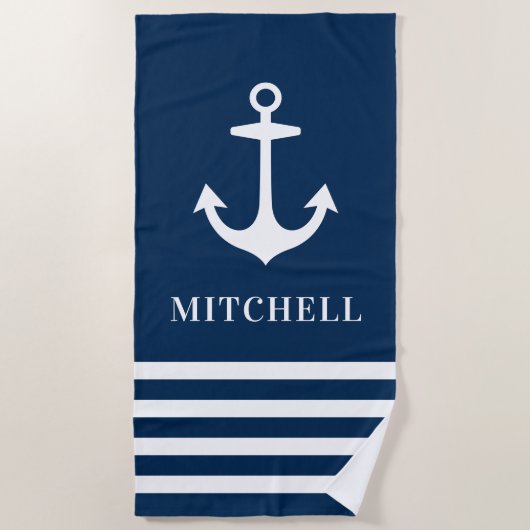 Nautical Navy Blue Anchor Custom Name Beach Strandlaken (Voorkant)