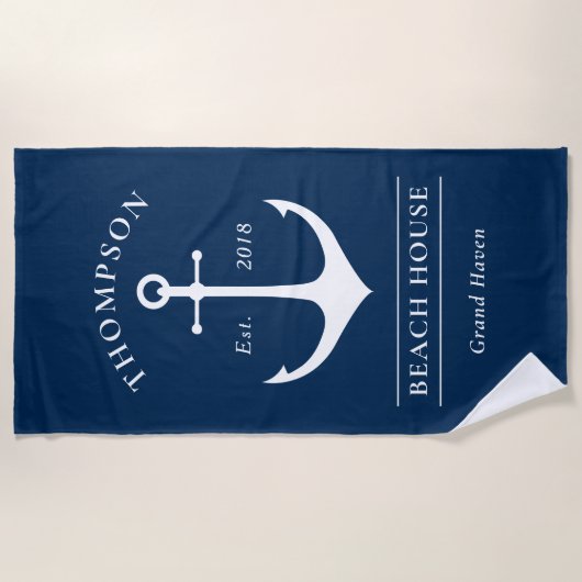 Nautical Navy Blue Anchor Custom Vaction Home Strandlaken (Voorkant)