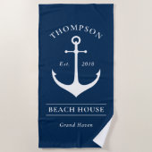 Nautical Navy Blue Anchor Custom Vaction Home Strandlaken (Voorkant)