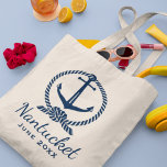 Nautical Navy Blue Anchor Custom Wedding Location Tote Bag<br><div class="desc">Nautical canvas tas is voorzien van een blauw marineveranker met decoratief lijst van de kabelknoop en aangepaste tekst die voor uw vakantie of speciale gebeurtenis kan worden gepersonaliseerd.</div>